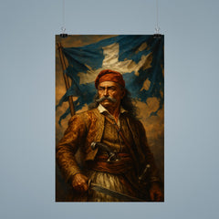 Theodoros Kolokotronis beneath torn revolutionary banner poster 9