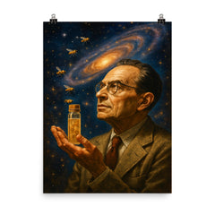 Theodosius Dobzhansky holding fruit flies to cosmos poster on a plain backdrop in size 8"x10".