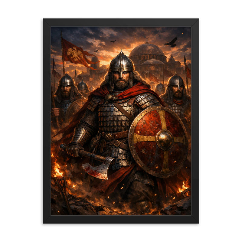Theodosius' Varangian Guard in lamellar twilight framed print on a plain backdrop in size 18