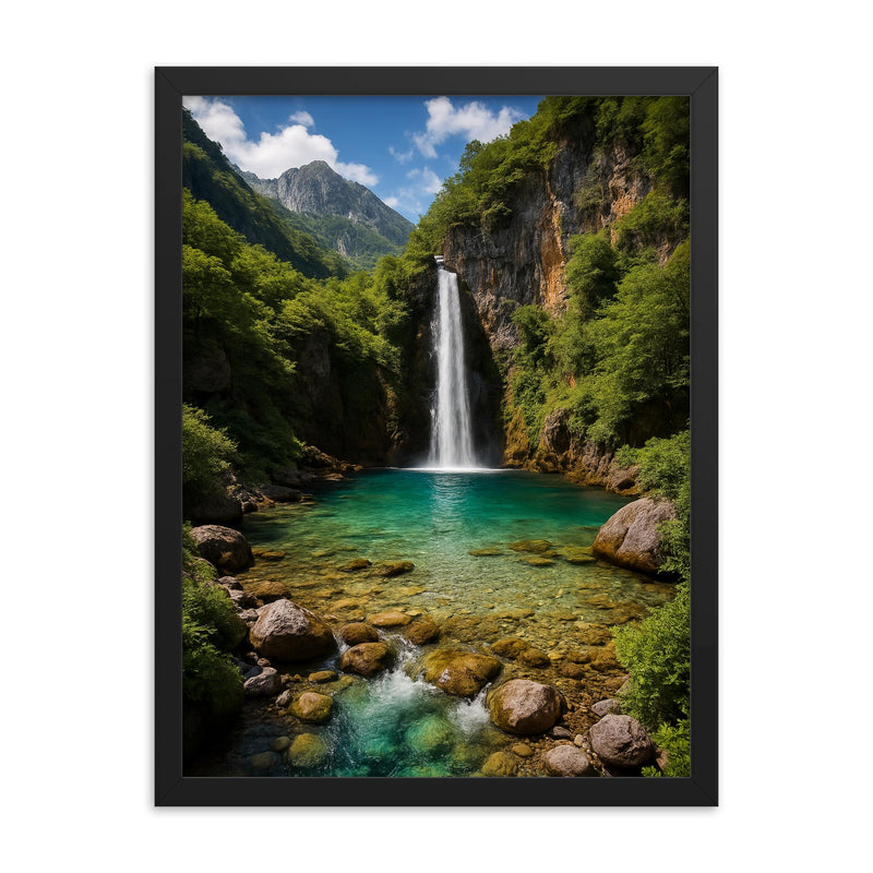 Theth Blue Eye and Grunas Waterfall Albania framed print on a plain backdrop in size 18