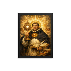 Thomas Aquinas radiant with sunburst monstrance framed print on a plain backdrop in size 12"x16".