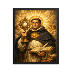 Thomas Aquinas radiant with sunburst monstrance framed print on a plain backdrop in size 16"x20".