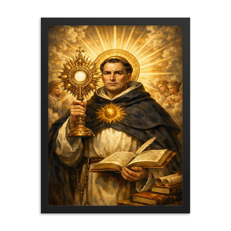 Thomas Aquinas radiant with sunburst monstrance framed print on a plain backdrop in size 18