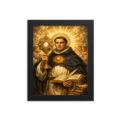 Thomas Aquinas radiant with sunburst monstrance framed print on a plain backdrop in size 8"x10".