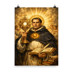 Thomas Aquinas radiant with sunburst monstrance poster on a plain backdrop in size 8"x10".