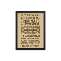 Thomas Jefferson quote about the two enemies of the people framed print on a plain backdrop in size 12"x16".