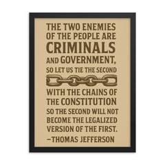 Thomas Jefferson quote about the two enemies of the people framed print on a plain backdrop in size 18"x24".