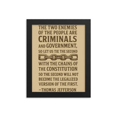 Thomas Jefferson quote about the two enemies of the people framed print on a plain backdrop in size 8"x10".