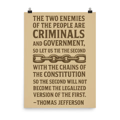 Thomas Jefferson quote about the two enemies of the people poster on a plain backdrop in size 8"x10".
