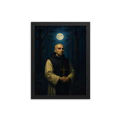 Thomas Merton in monastic woods at night framed print on a plain backdrop in size 12"x16".