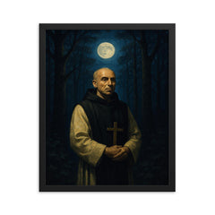 Thomas Merton in monastic woods at night framed print on a plain backdrop in size 16"x20".
