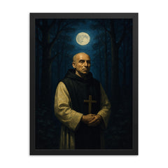 Thomas Merton in monastic woods at night framed print on a plain backdrop in size 18"x24".
