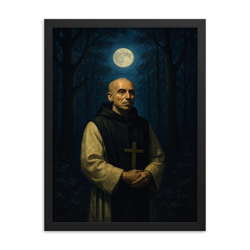 Thomas Merton in monastic woods at night framed print on a plain backdrop in size 18