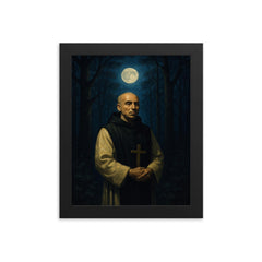 Thomas Merton in monastic woods at night framed print on a plain backdrop in size 8"x10".