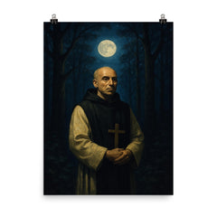 Thomas Merton in monastic woods at night poster on a plain backdrop in size 8"x10".