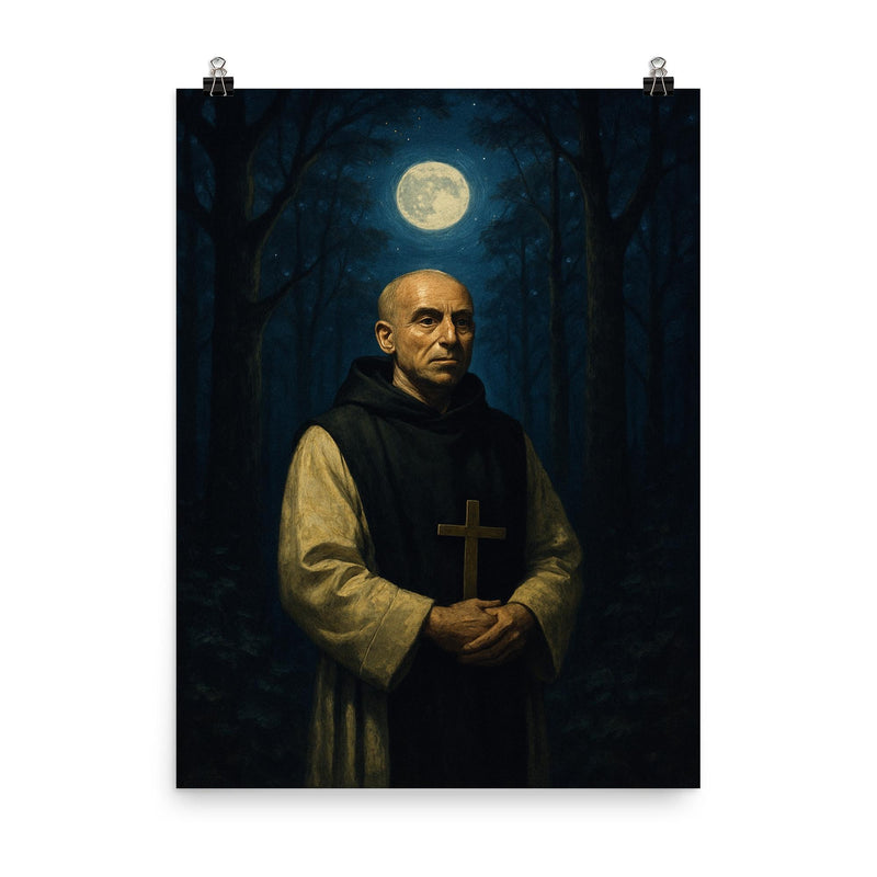 Thomas Merton in monastic woods at night poster on a plain backdrop in size 8