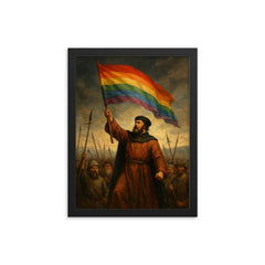 Thomas Müntzer raising rainbow banner before battle framed print on a plain backdrop in size 12"x16".