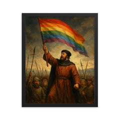 Thomas Müntzer raising rainbow banner before battle framed print on a plain backdrop in size 16"x20".