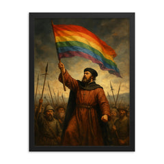 Thomas Müntzer raising rainbow banner before battle framed print on a plain backdrop in size 18"x24".