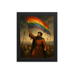 Thomas Müntzer raising rainbow banner before battle framed print on a plain backdrop in size 8"x10".