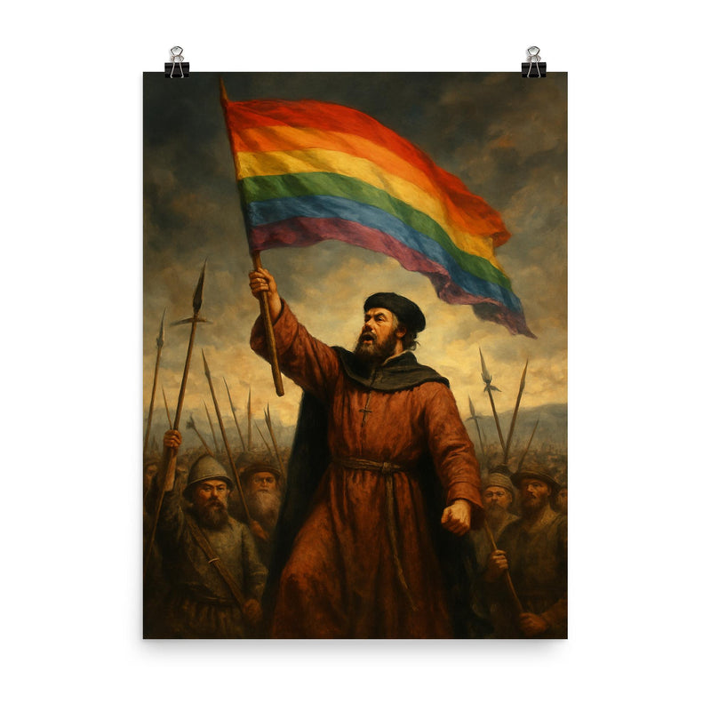 Thomas Müntzer raising rainbow banner before battle poster on a plain backdrop in size 8