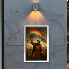 Thomas Müntzer raising rainbow banner before battle poster 2