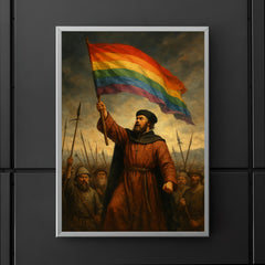 Thomas Müntzer raising rainbow banner before battle poster 5