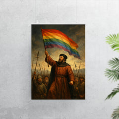 Thomas Müntzer raising rainbow banner before battle poster 7