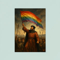 Thomas Müntzer raising rainbow banner before battle poster 8