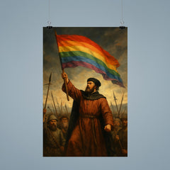 Thomas Müntzer raising rainbow banner before battle poster 9