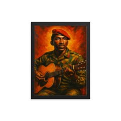 Thomas Sankara guitar and beret framed print on a plain backdrop in size 12"x16".