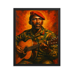 Thomas Sankara guitar and beret framed print on a plain backdrop in size 16"x20".