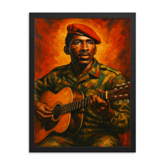 Thomas Sankara guitar and beret framed print on a plain backdrop in size 18"x24".