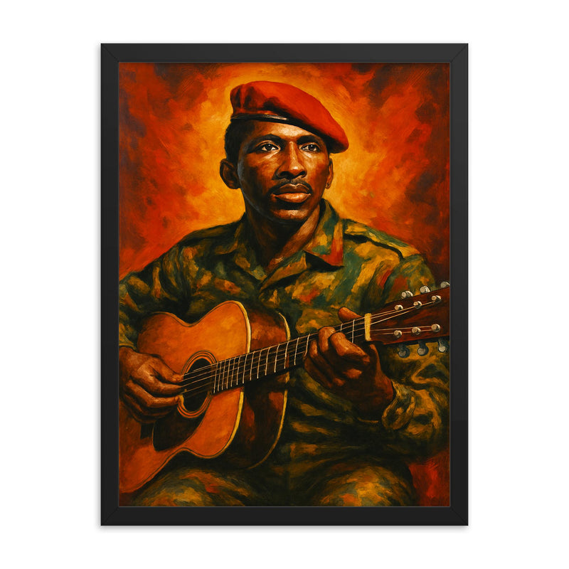Thomas Sankara guitar and beret framed print on a plain backdrop in size 18
