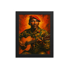 Thomas Sankara guitar and beret framed print on a plain backdrop in size 8"x10".