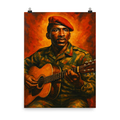 Thomas Sankara guitar and beret poster on a plain backdrop in size 8"x10".