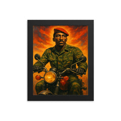 Thomas Sankara on motorcycle in fatigues framed print on a plain backdrop in size 8"x10".
