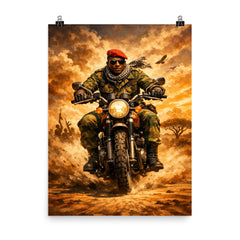 Thomas Sankara on motorcycle in fatigues poster on a plain backdrop in size 8"x10".