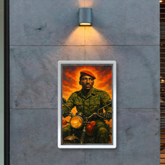 Thomas Sankara on motorcycle in fatigues poster 2