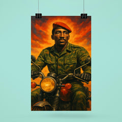 Thomas Sankara on motorcycle in fatigues poster 6
