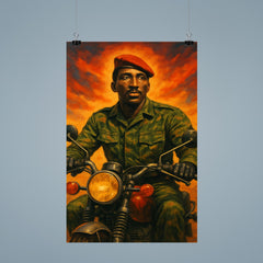 Thomas Sankara on motorcycle in fatigues poster 9