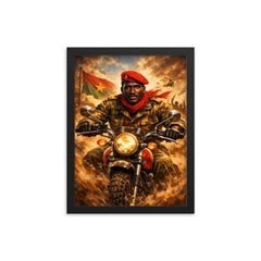 Thomas Sankara on motorcycle with red beret framed print on a plain backdrop in size 12"x16".
