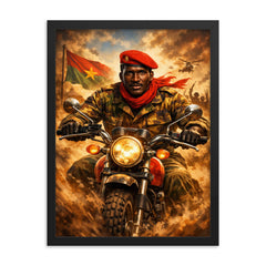 Thomas Sankara on motorcycle with red beret framed print on a plain backdrop in size 18"x24".