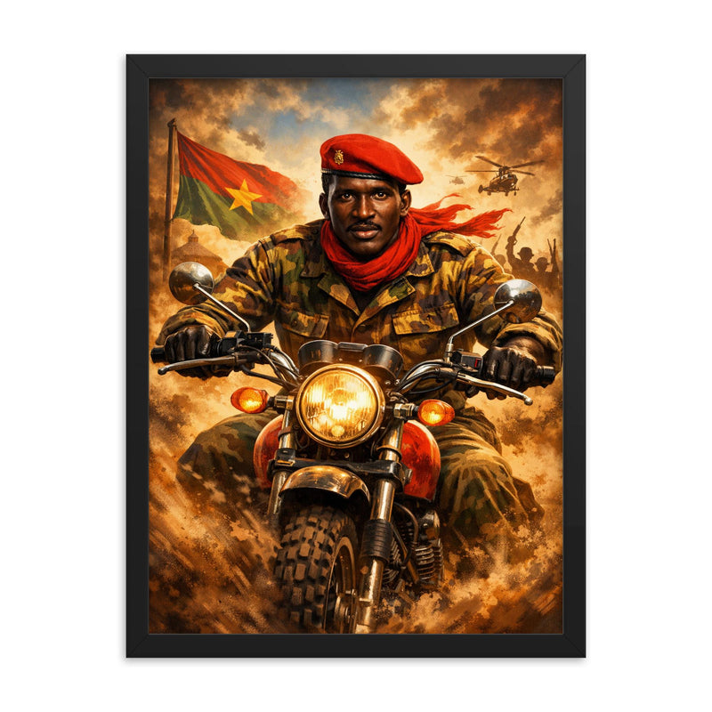 Thomas Sankara on motorcycle with red beret framed print on a plain backdrop in size 18