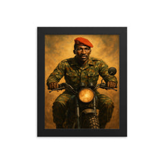 Thomas Sankara on motorcycle with red beret framed print on a plain backdrop in size 8"x10".