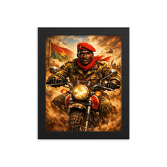 Thomas Sankara on motorcycle with red beret framed print on a plain backdrop in size 8"x10".