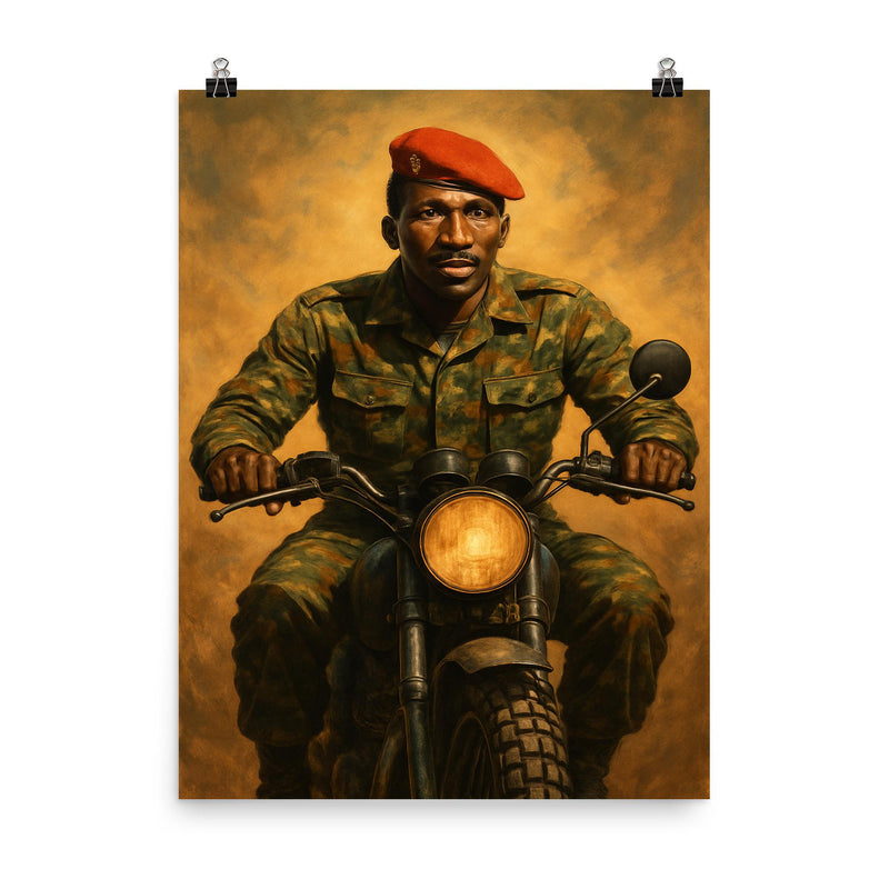 Thomas Sankara on motorcycle with red beret poster on a plain backdrop in size 8
