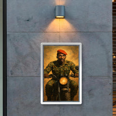 Thomas Sankara on motorcycle with red beret poster 2