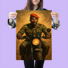 Thomas Sankara on motorcycle with red beret poster 3