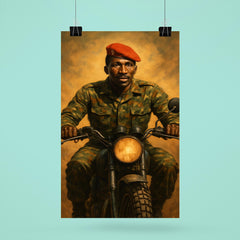 Thomas Sankara on motorcycle with red beret poster 6